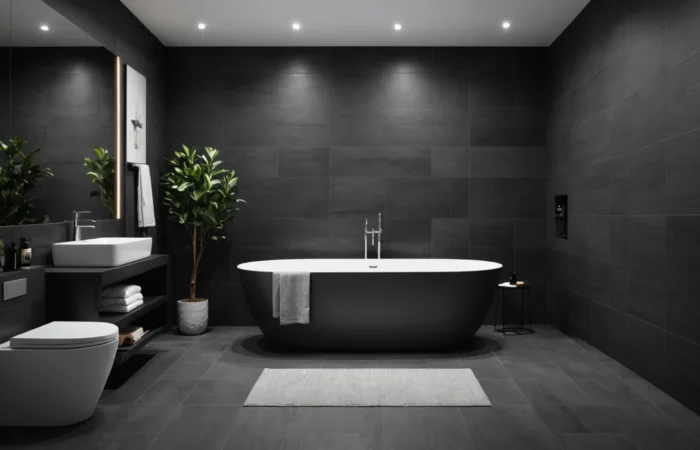 salle de bain avec carreaux foncés